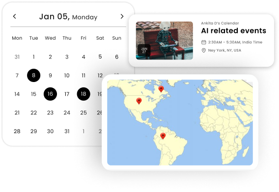 Key.ai's event discovery interface showcasing a calendar with selected dates, an event card for "AI related events" on January 27, and a world map with pins indicating event locations.